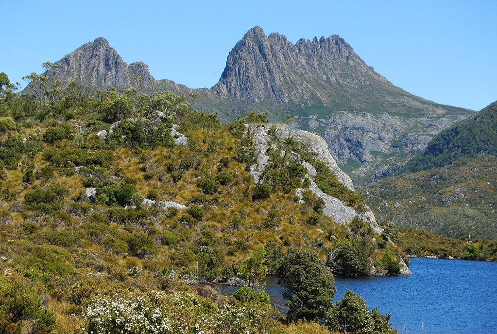Cradle Mountain over Dove Lake under a blue summer sky, Tasmania