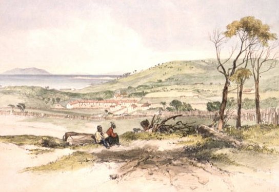 Watercolour of Wybalenna, the Aboriginal settlement on Flinders Island, painted in the 1840s by John Skinner Prout