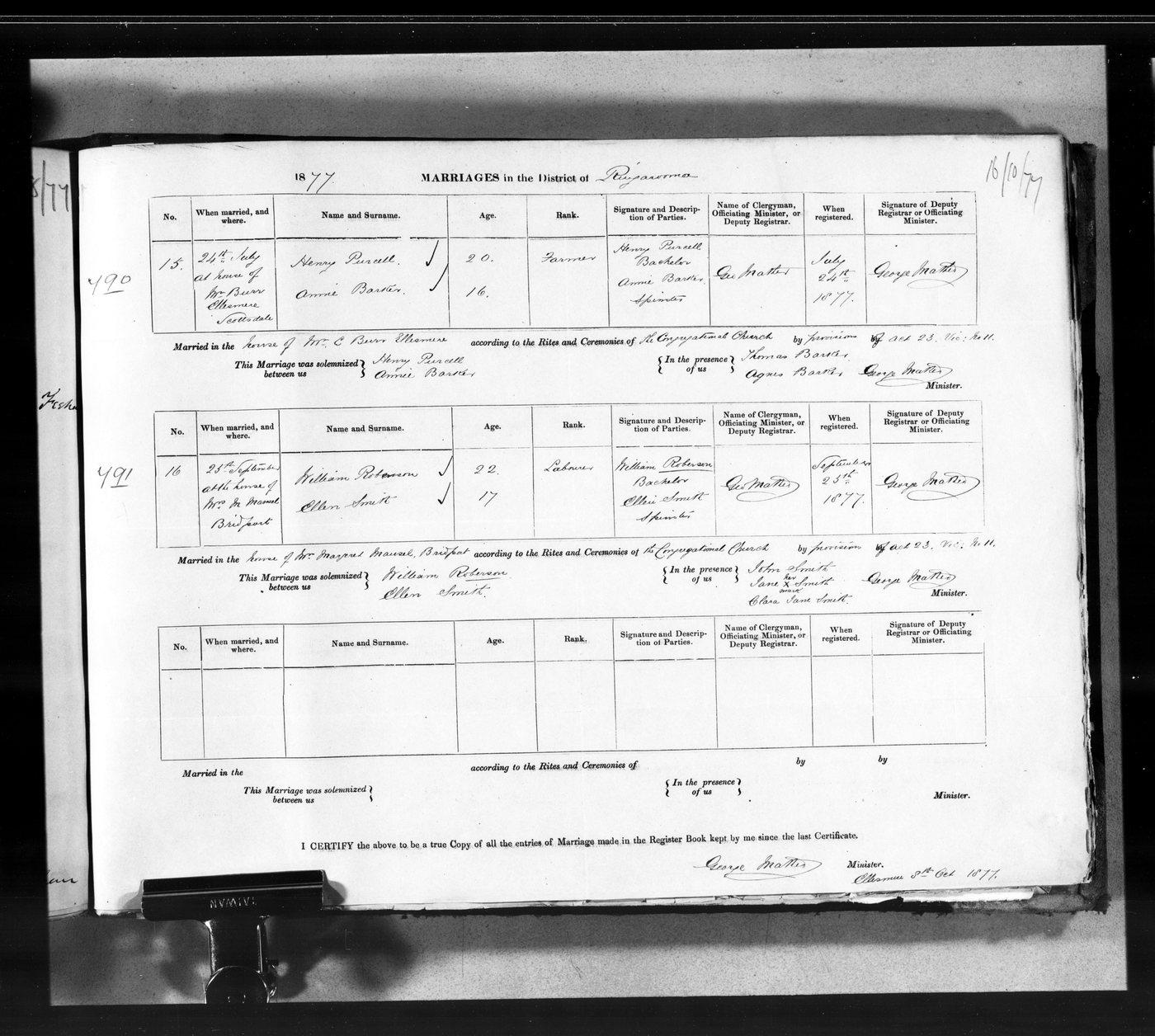 Page from the Tasmanian marriage register recording the 1877 marriage of William Robinson and Ellen Smith at Bridport