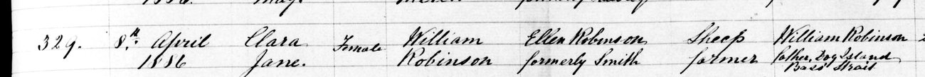 Close view of entry 329 in the 1886 Tasmanian birth register, recording Clara Jane, daughter of William Robinson and Ellen Robinson formerly Smith