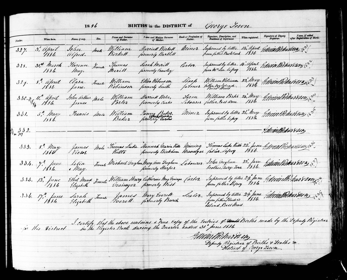Page from the 1886 Tasmanian register of births for the district of George Town
