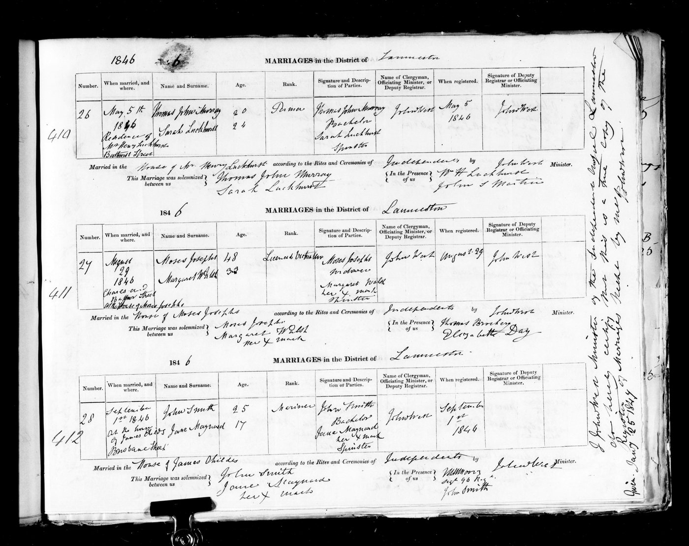 Page from the Tasmanian marriage register recording the marriage of John Tasman Smith and Jane Janice Maynard in Launceston